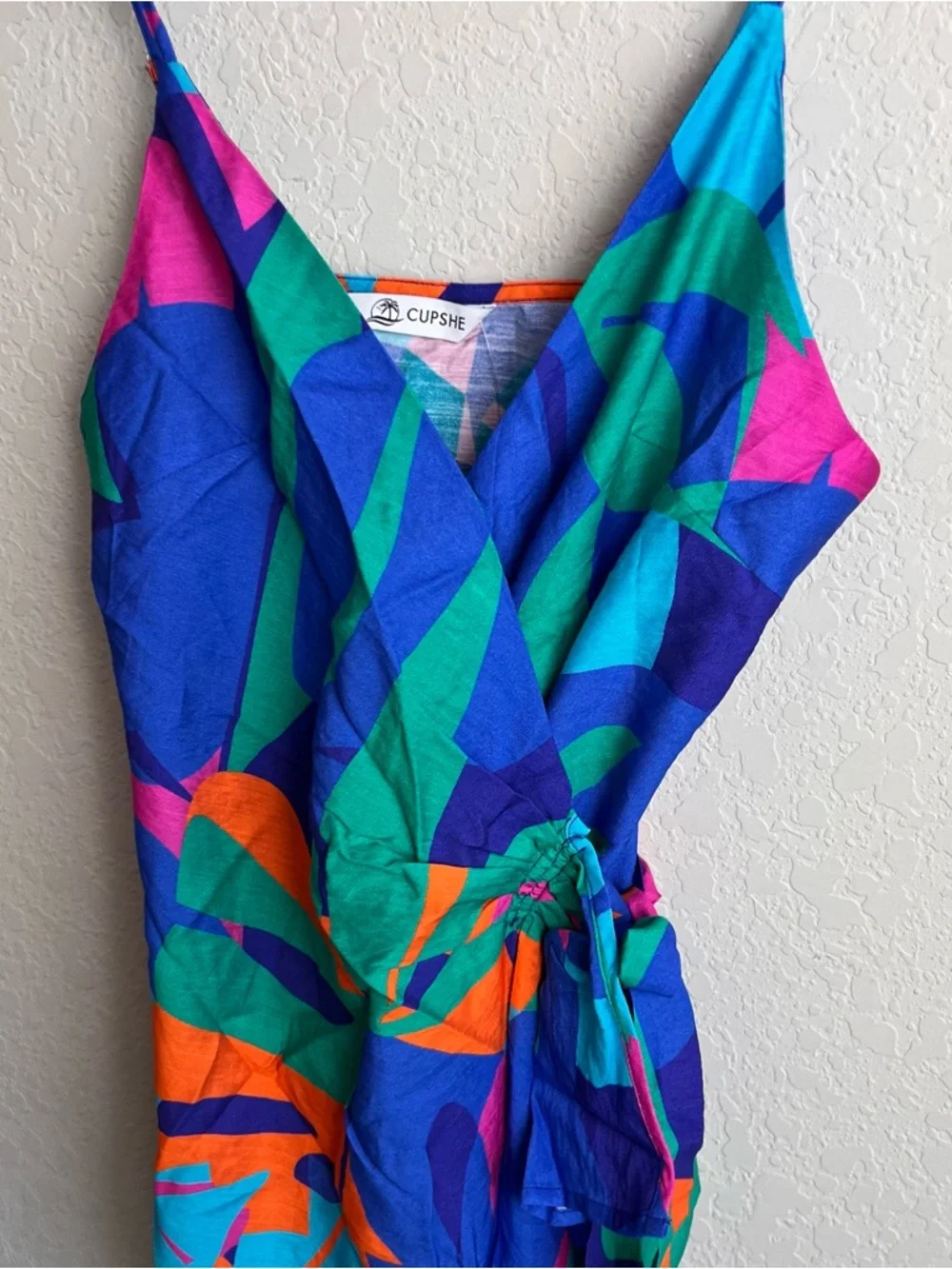 Cupshe Papaya Pop Tropical Mini Wrap Dress Small S Blue Green Print NWT Womens - Picture 7 of 15